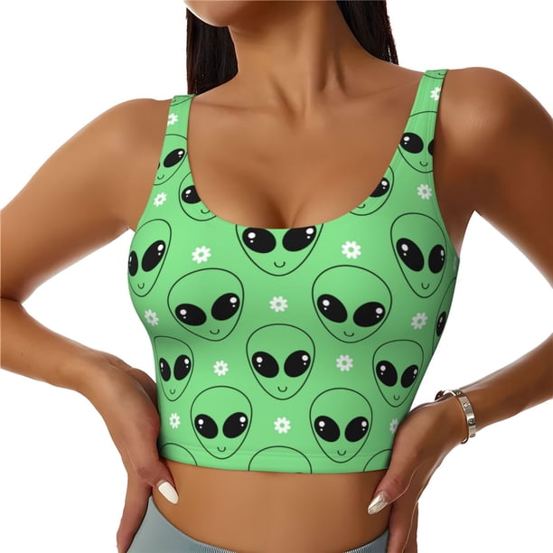 Fotbe alien cartoons Sujetador Deportivo Largo sin Aros para Mujer con Almohadillas y Soporte Medio, Transpirable y Absorbente, Camiseta Tipo Chaleco o Tank Top-Large