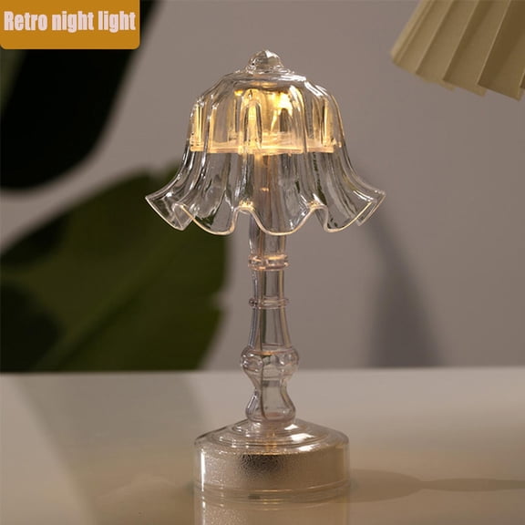 Cordless Clear Mini Nightstand Light, Small Cordless Table Lamp, Vintage Night Light, Led Lamp for Bedroom, Transparent Ruffled Shade Retro Led Ambient Light, Lily of The Valley