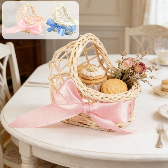 AYktou Easter Flower Basket, Rattan Woven Flower Basket with Ribbon Bow Cute Small Gift Basket Decorative Easter Eggs Candy Basket for Birthday Spring Party Flower Fruit Desserts Egg Hunt Decor