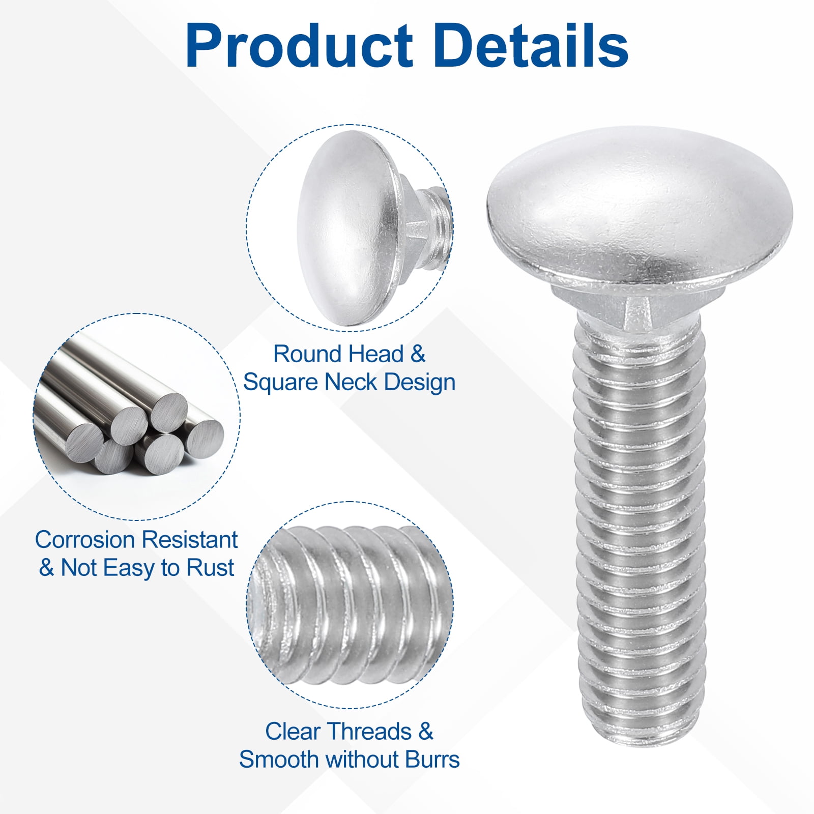 Uxcell 50Pack 5/16"-18x1-1/2" Stainless Steel Carriage Bolts Round Head Square Neck, Silver