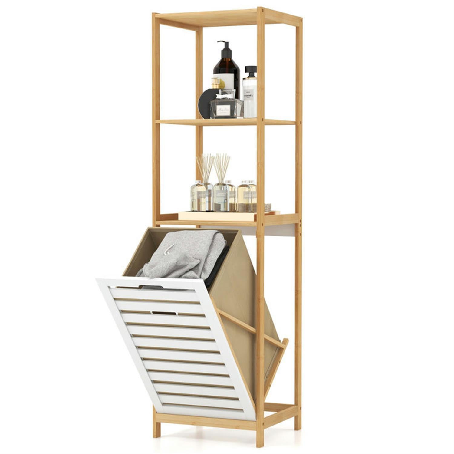 Demi Bonn 4-Tier Bamboo Storage Shelves, Bathroom Storage Shelf with Laundry Hamper, Freestanding Bathroom Cabinet for Living Room/Hallway, Beige