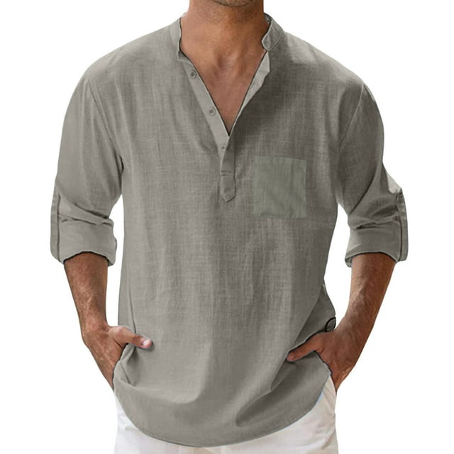 Mens Spring Summer Loose Stand Solid Pocket Long Sleeve Pullover Shirt