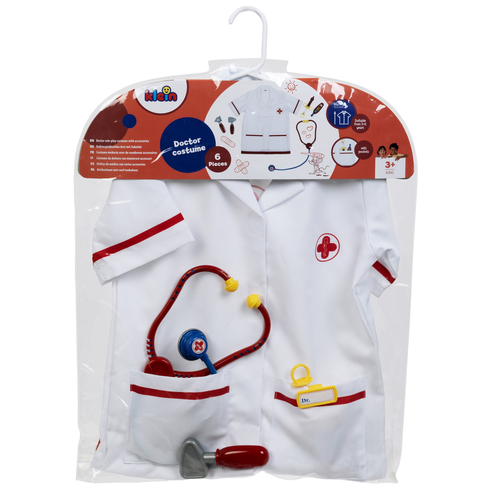 Klein: PRO Doctor Costume - White & Red - 6pc Set, Dress Up Outfit,Toy Accessories, Stethoscope-Syringe-Thermometer-Blood Pressure Meter, Kids Age 3+