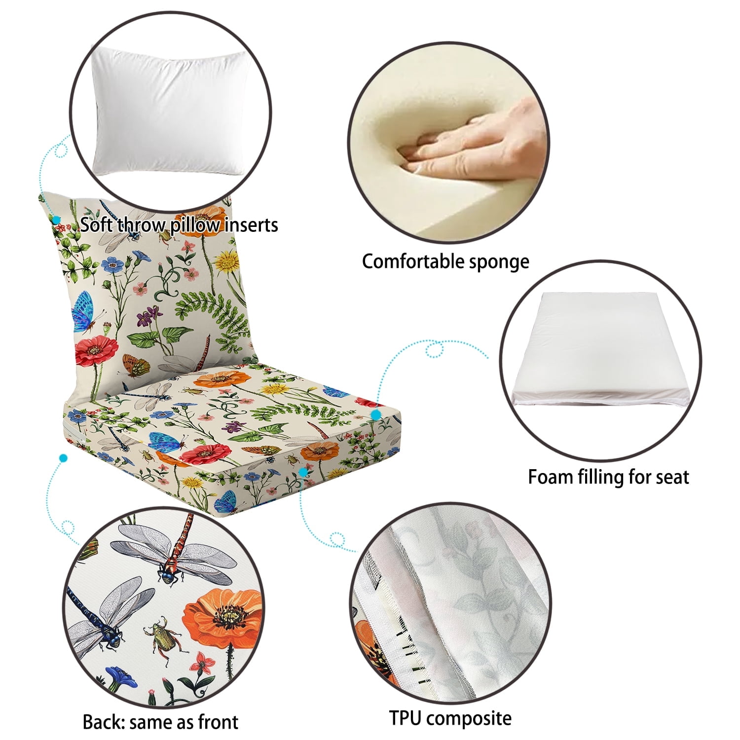All Smiles Outdoor Chair Cushions for Patio Furniture Set of 19X19 Inch Deep Seat Waterproof Resistant Replacement Garden Flowers Farmhouse Decorative Cushions for Seat Yard Garden Deck