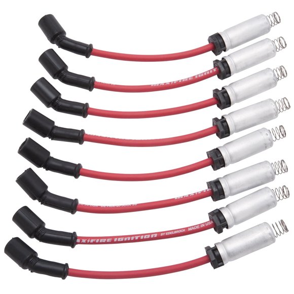 Edelbrock Spark Plug Wire Set 22716 Max-Fire Ultra Spark 50; For Use With GM LS Truck; Pre Assembled; 8.5 Millimeter Diameter; Silicone; 50 Ohms Resistance; Black Boots; Red Wires; Set Of 8
