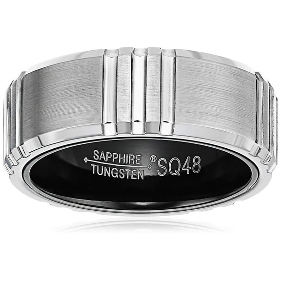 Sapphire Tungsten and Titanium 8mm Black Interior Etched Design Beveled Edge Comfort Fit Wedding Bands Rings for Men, Size 10.5