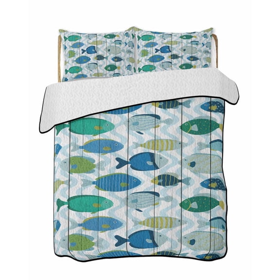 Quilts Twin-XL Size Bedding Set, Blue Fishes Lightweight Quilted Comforter, Cartoon Coastal Ocean Fish Striped Wooden Soft Reversible Bedspread Coverlet with Pillow Covers for All Season, 68" x 98"