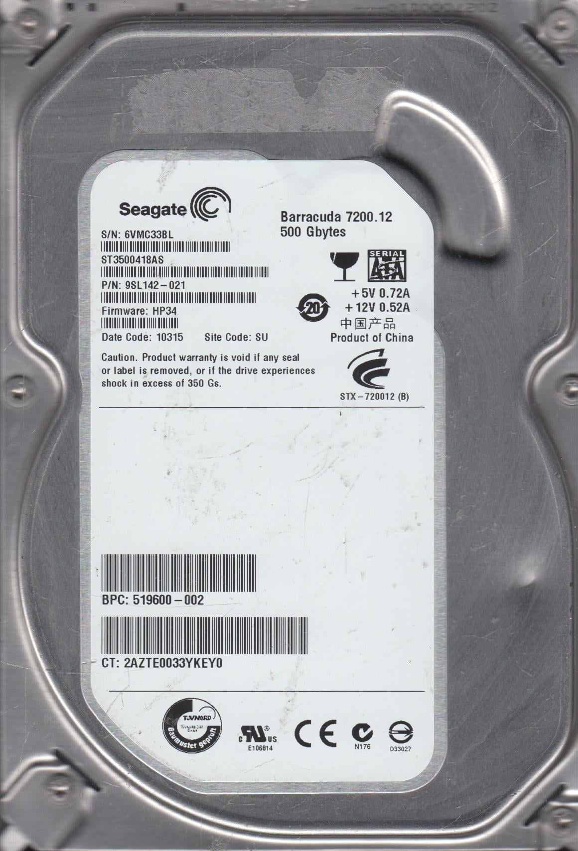 ST3500418AS, 6VM, SU, PN 9SL142-021, FW HP34, Seagate 500GB SATA 3.5 Hard Drive