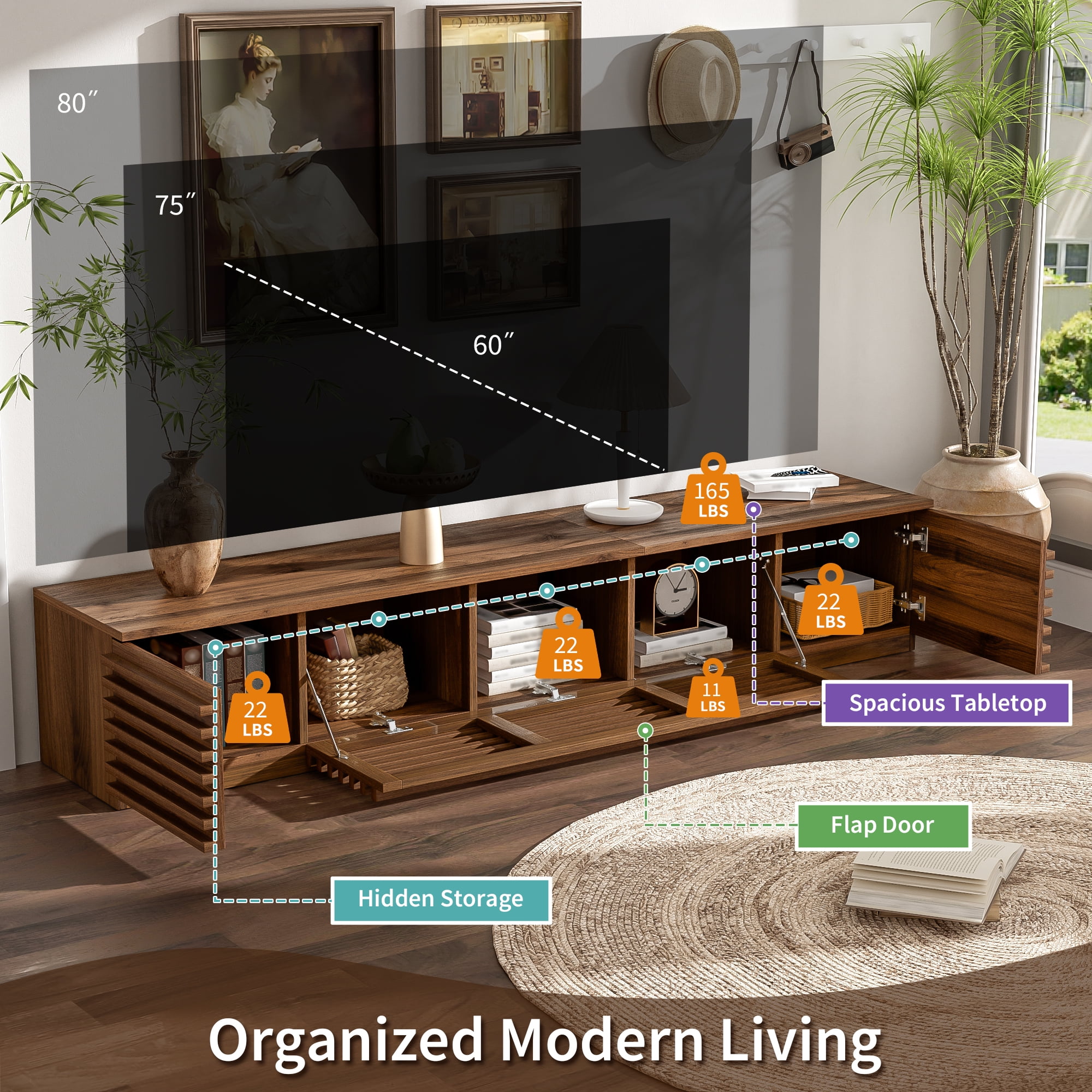 70 inch TV Stand, Modern Entertainment Center & Media Console for TVs up to 80", Walnut