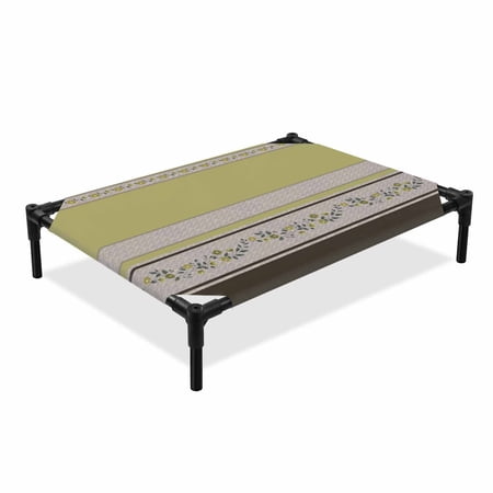Flowers Elevated Dog Bed Boho Yellow Green Floral Brown Yellow Stripes Cooling Breathable Outdoor Raised Dog Cot Bed with Metal Frame Non-Slip Feet for Large Dog 28x22in
