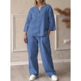 thumbnail image 6 of Womens Cotton Linen 2 Piece Sets V Neck Button Down Long Sleeve Shirt Wide Leg Trouser Sets with Pockets Blue 4XL, 6 of 7