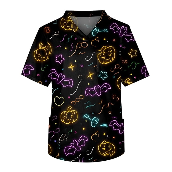 Men's Halloween Scrub Tops V-Neck Short Sleeve Bat and Star Print Medical Uniform with Chest Pocket and Front Patch Pockets Comfortable Workwear Black L
