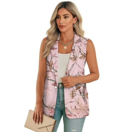 Psesaysky Winter Women s Sleeveless Vest Blazer - Pink Hunting Camo Print Lapel Collar Vest Tops Warm Fashion Casual Work Office Outerwear with Pockets Size M