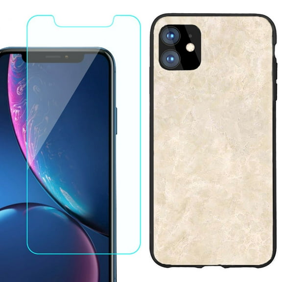 For Apple iPhone 11 Phone Case , Slim-Fit TPU Protective Case (Black), with Tempered Glass Screen Protector, by OneToughShield ® - Marble / Latte