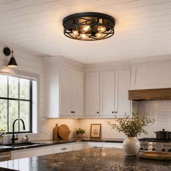 XPEHK 5-Light Matte Black Farmhouse Flush Mount Ceiling Light, Industrial Crisscross Metal Cage Close to Ceiling Light Fixture for Entryway Hallway Bedroom-1 Pack