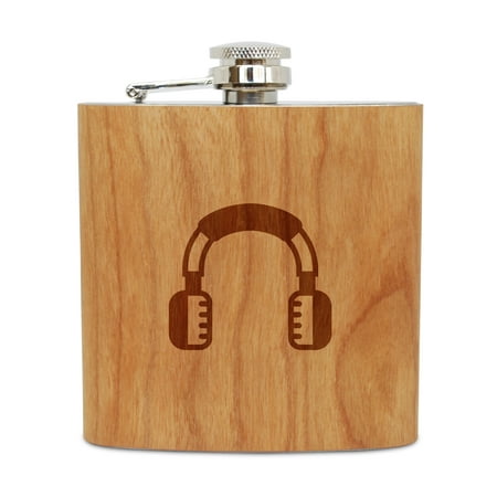 Cherry Headphone - Headphones 6 Oz Wooden Flask (Cherry), Stainless Steel Body, Handmade In Usa
