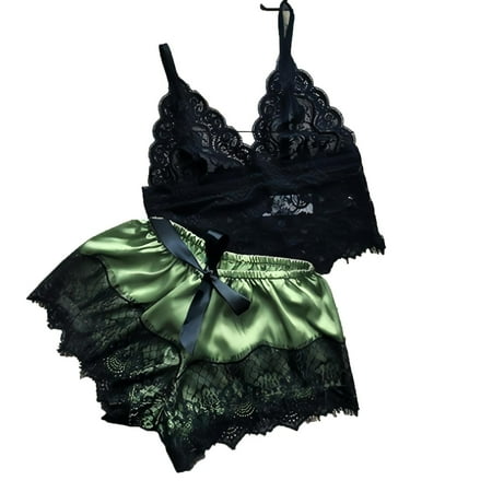 Tao Tao Women Sleepwear Lace Pajamas Set Shorts Nightwear Camisole Short Sets Babydoll Olive Green S