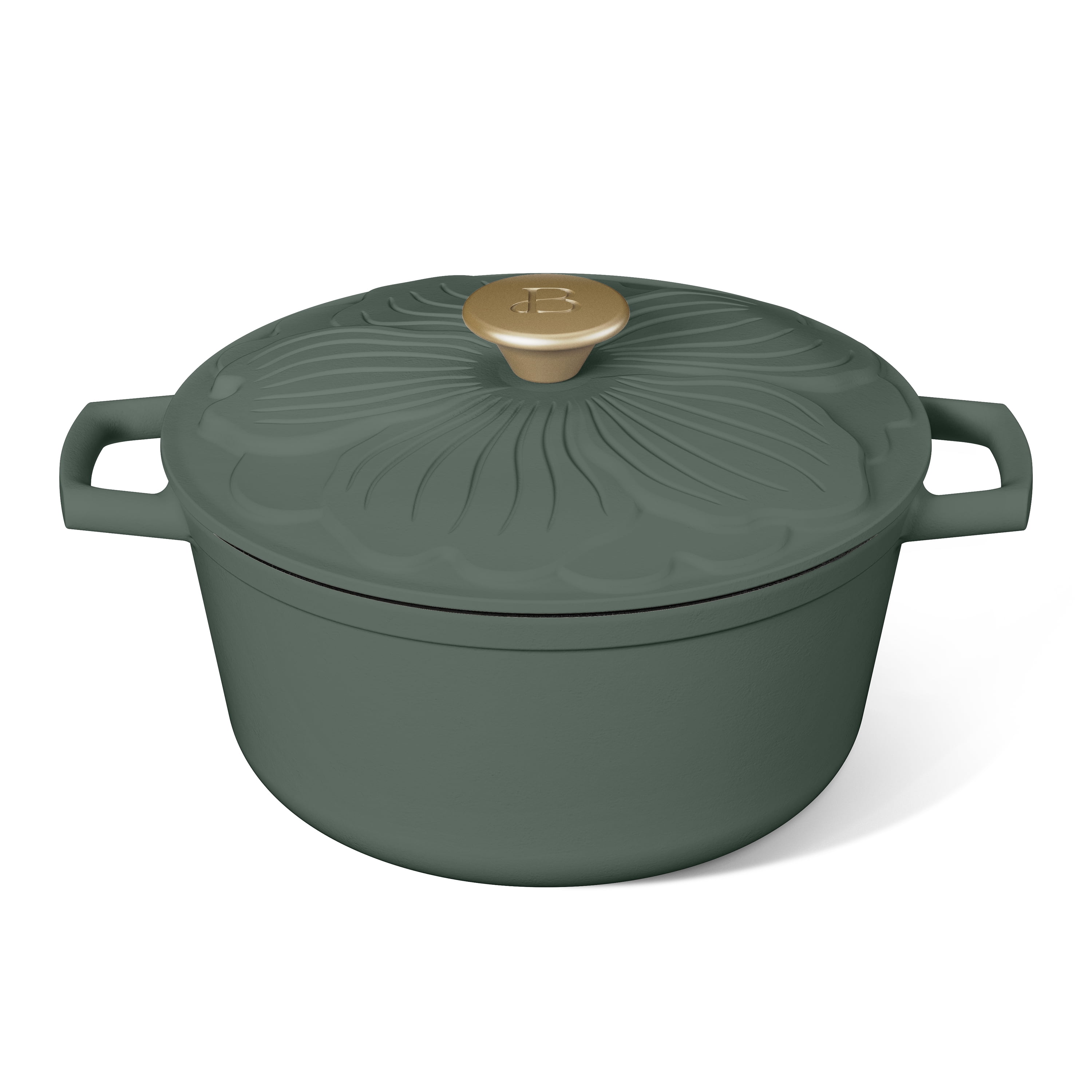 Beautiful 4 Quart Enameled Cast Iron Round Dutch Oven with Petal Design Lid, Thyme Green by Drew Barrymore