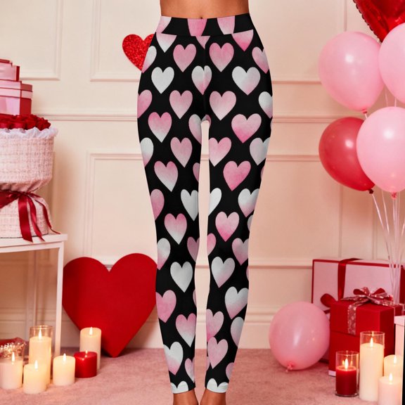 Visit the JURANMO Store Women's Ankle Length Leggings Heart Print High Waist Casual Tight Pants Buttery Soft Slim Spring Legging Valentine's Day Outfits Black S