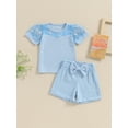 thumbnail image 5 of Aojekbee Little Girl Ribbed Set, Daisy Embroidery Patchwork Mesh Short Sleeve Tops Bow Shorts Toddler Summer Outfits, 5 of 10