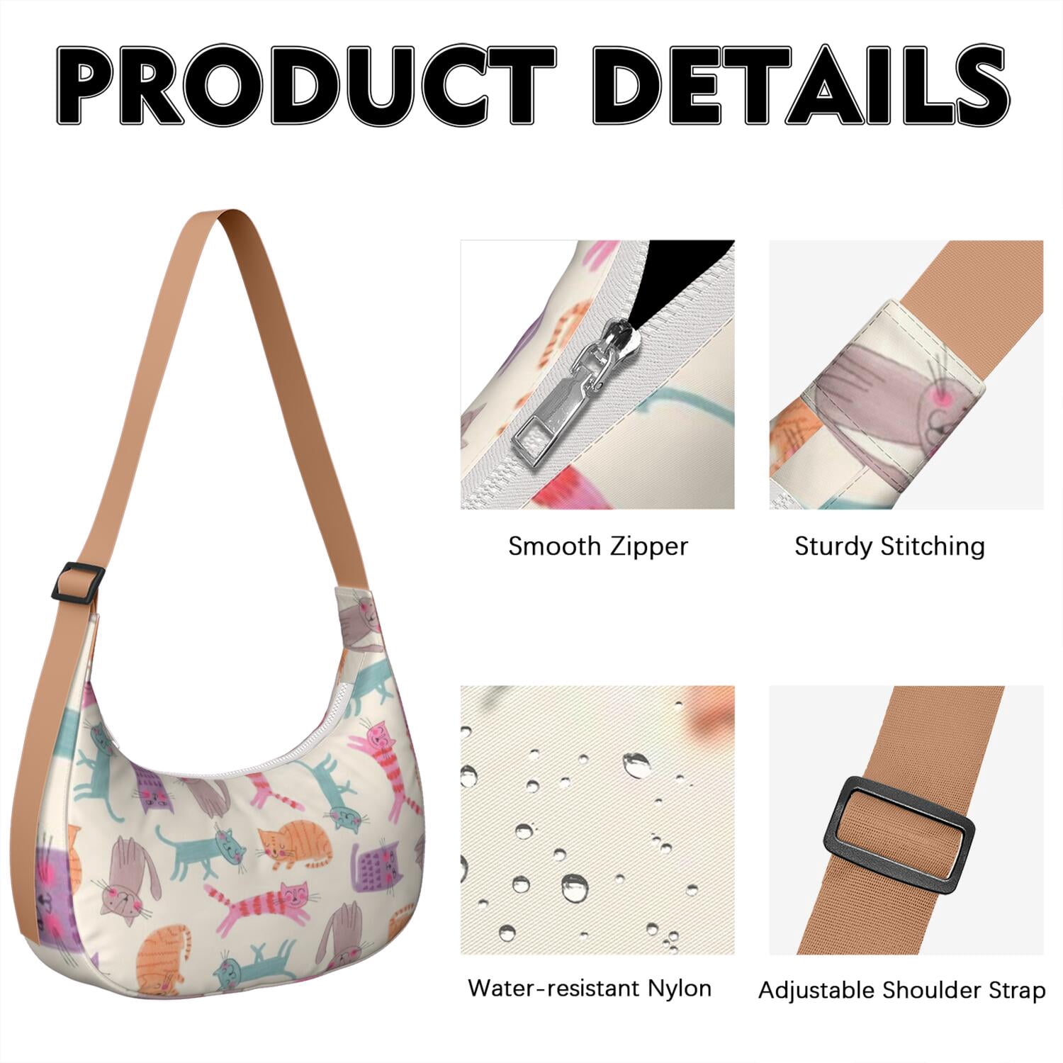 Travel Purse for Women – Durable Nylon Fabric, Adorable Cat and Moon Artwork, Watercolor Cat Print, Large Capacity Artistic Crossbody Bag