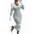 thumbnail image 2 of Women'S Striped V Neck Sweater Dress Long Sleeve Bodycon Midi Dresses White L, 2 of 7