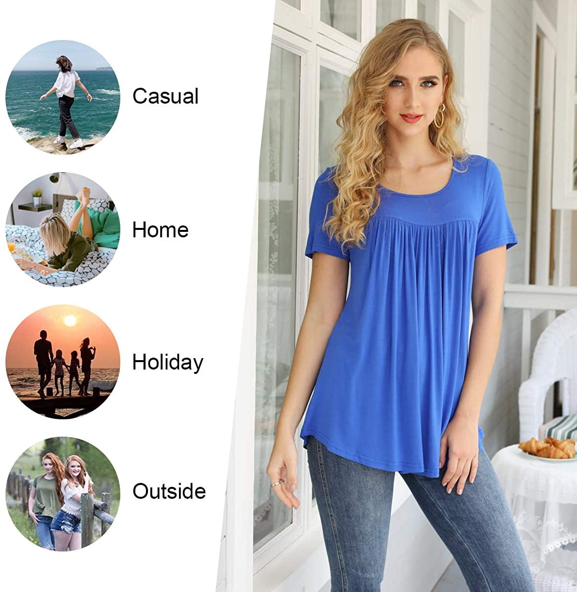 junefish women's summer pleated short sleeve tunic tops flare blouse