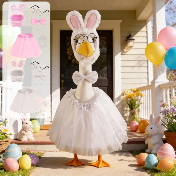 AZXY Whimsical Easter Porch Goose Outfit for 23" Cement Concrete Statue, Pink Tulle Tutu Skirt with Plush Bunny Hat, Eyeglass & Bow Tie, Front Porch Goose Clothes for Outdoor Patio Lawn Garden Decor