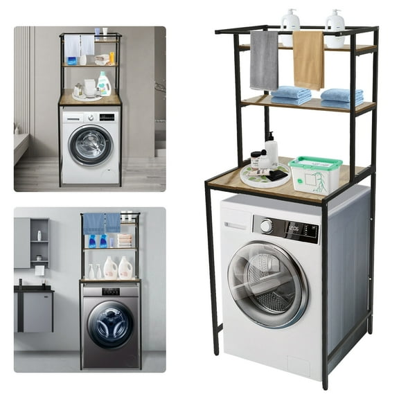 Modern Washer & Dryer Storage Shelf, Bathroom Space Saving Organizer Rack, Standing Stand Holder w/ Rubber Feet, Black Oak