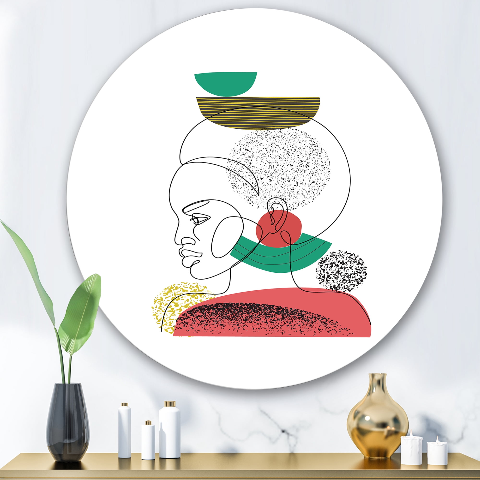 Designart 'One Line Portrait of Afro American Women VI' Modern Circle Metal Wall Art 36x36 - Disc of 36
