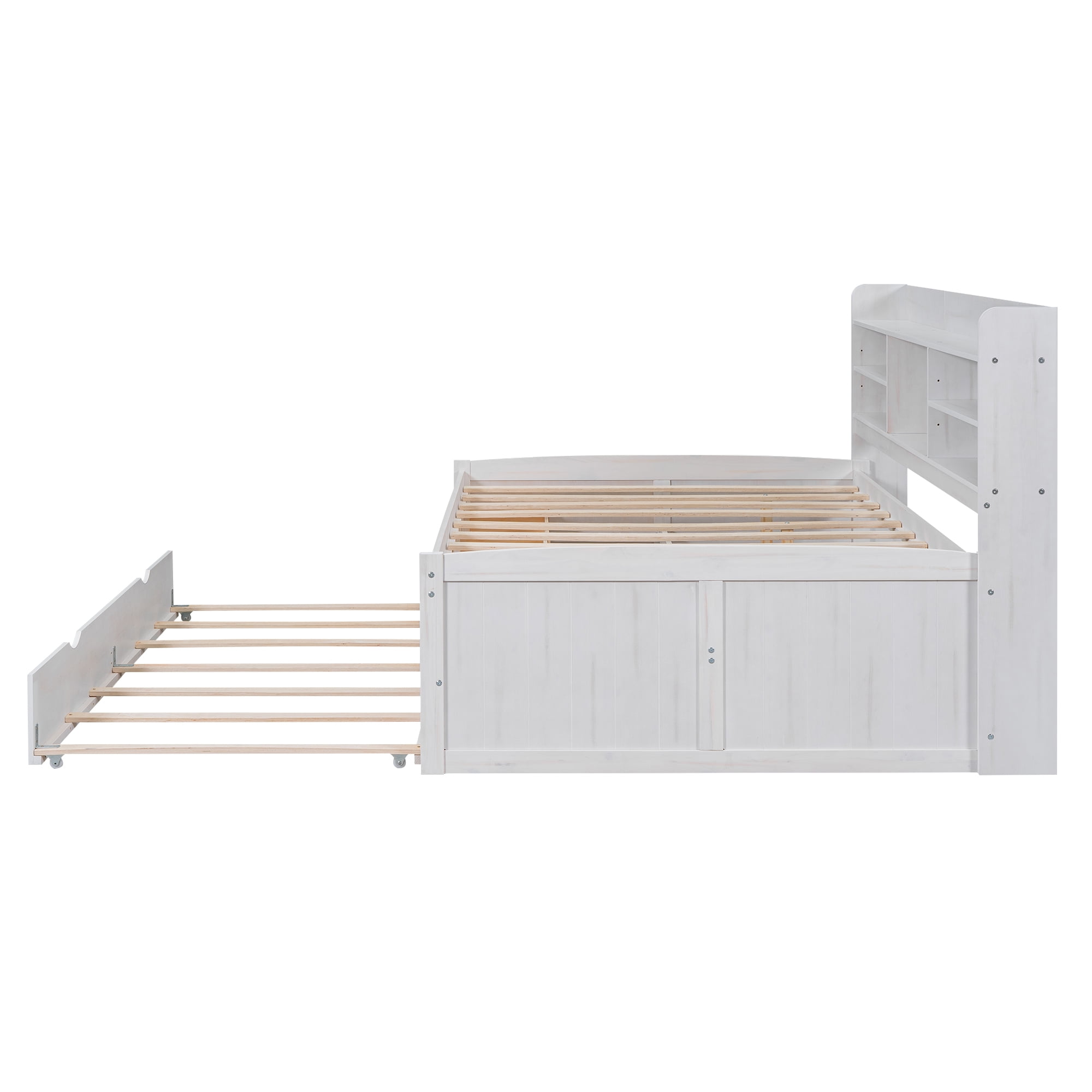 EUROCO Full Size Captain Bed, Daybed with Trundle and Bookcase, Drawers and Shelf Platform Bed,White