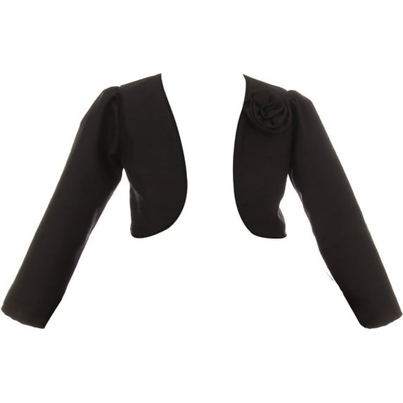 Little Girls Rosette Satin Long Sleeve Flower Girl Bolero Jacket Cover Shrug USA Black 2 (K409D)