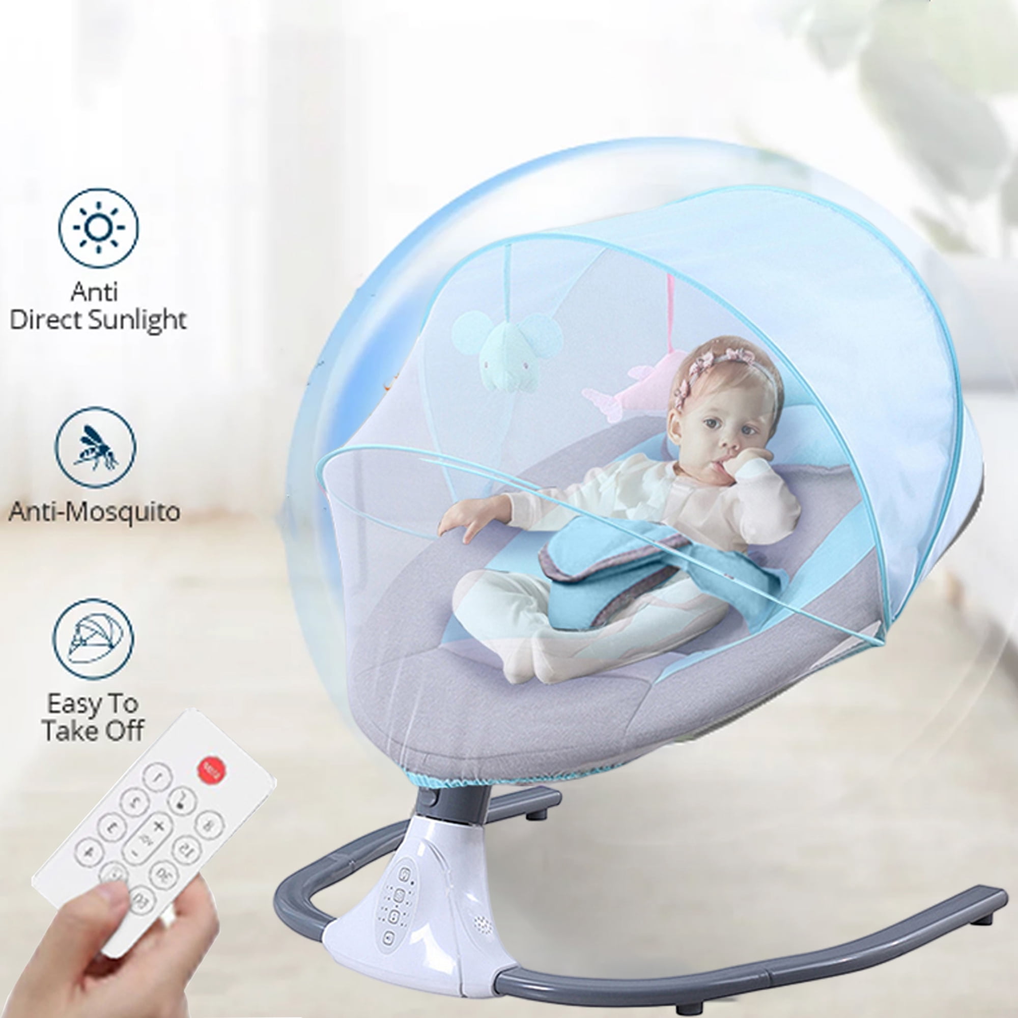 BEJOLO Electric Baby Swing for Infants, Portable Baby Bouncer with Remote Control,bluetooth Music, Blue