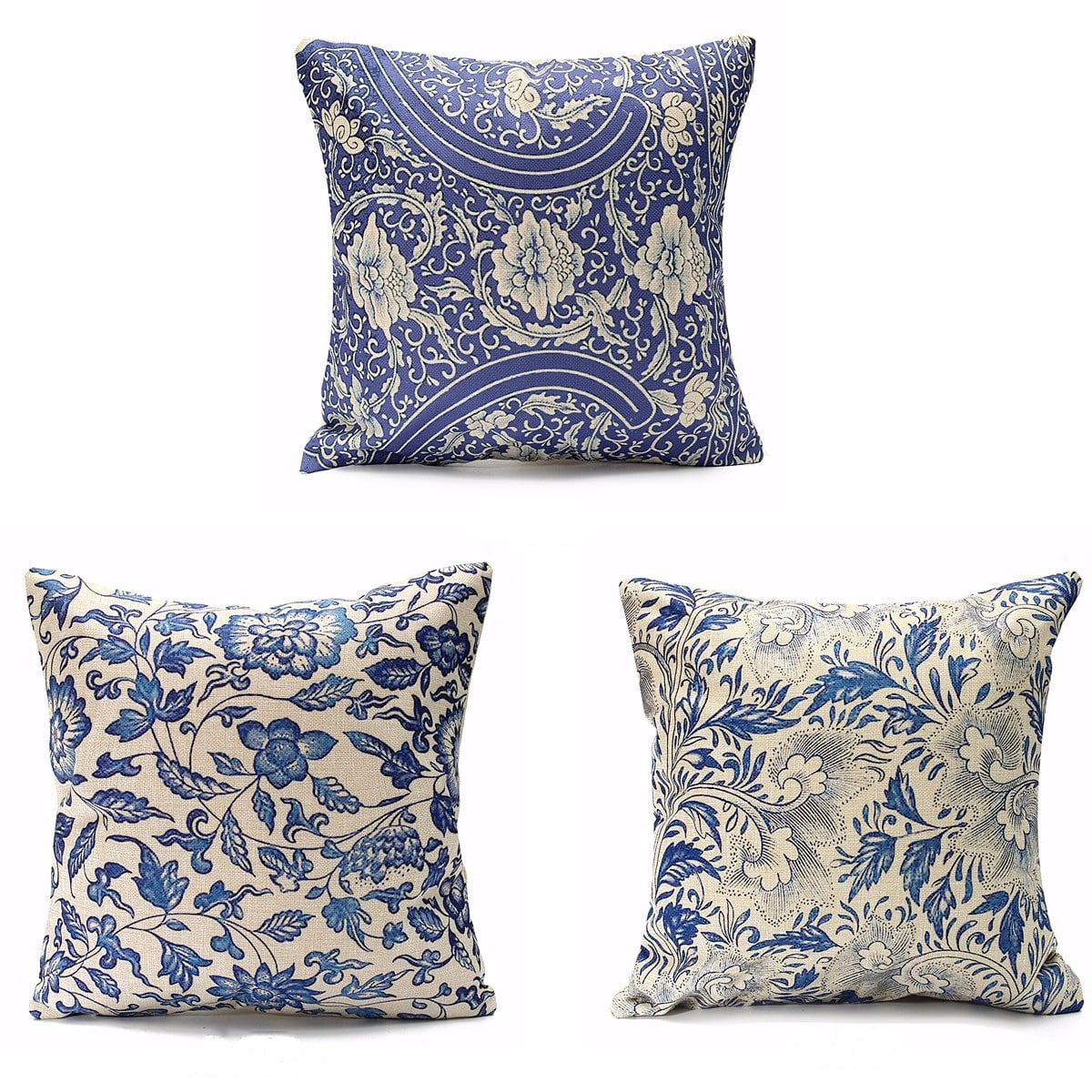 Vintage Oriental Blue Floral Linen Pillow Case Decorative Cushion Cover 18"x18" 