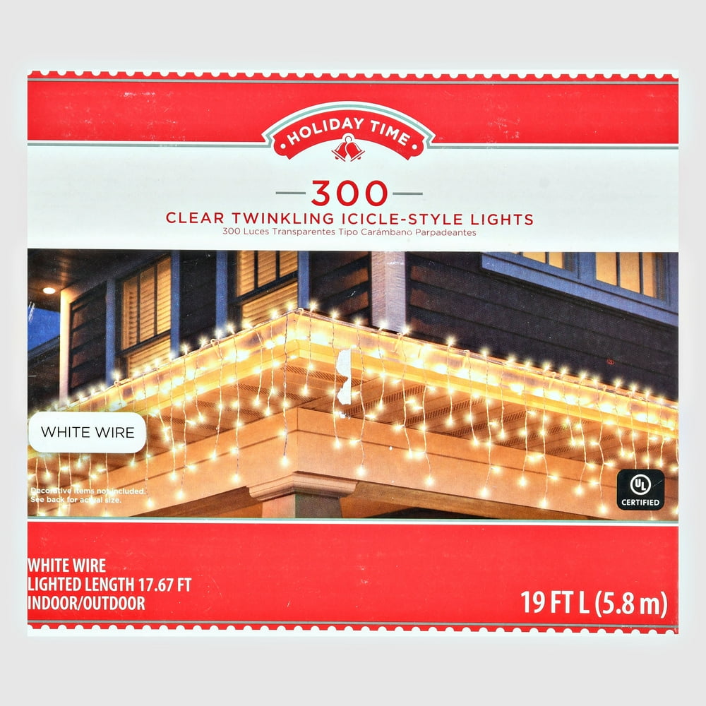 Holiday Time Clear Twinkling Icicle Christmas Lights Set, 19', 300 Count, White Wire Walmart