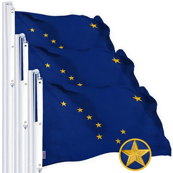 G128 3 Pack: Alaska AK State Flag | 6x10 Ft | StormFlyer Series Embroidered 220GSM Spun Polyester | Embroidered Design, Indoor/Outdoor, Brass Grommets, Heavy Duty, All Weather