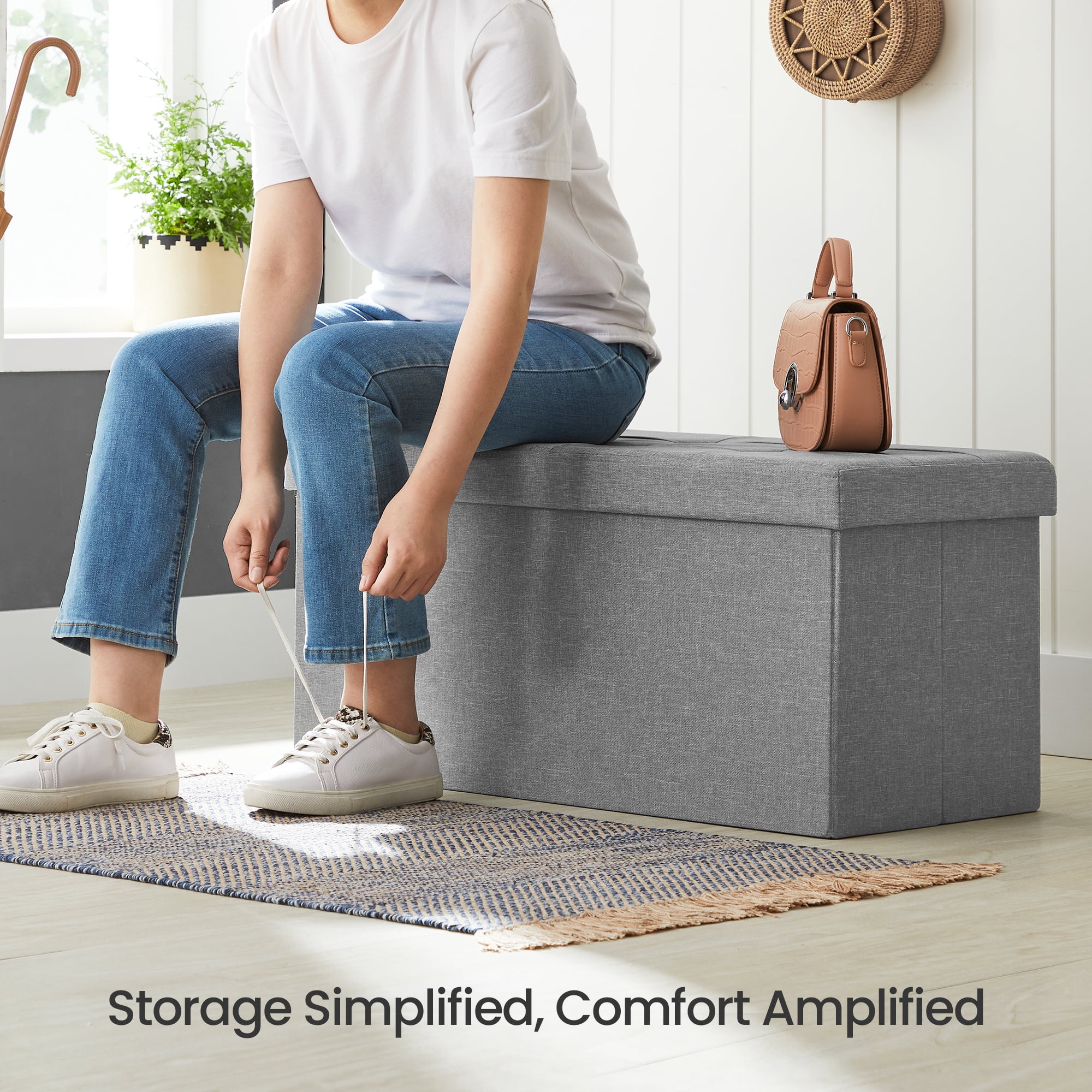 SONGMICS Storage Ottoman Bench, 15 x 30 x 15 Inches, Ottoman with Storage, End of Bed Bench, for Living Room, Bedroom, Ash Gray