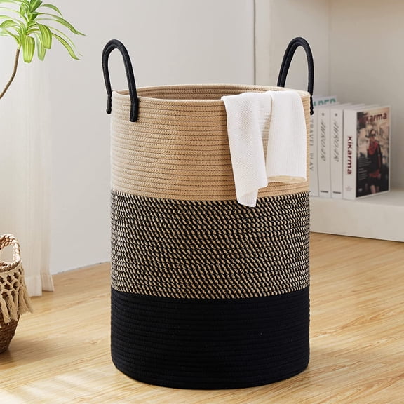 72L Large Woven Laundry Hamper by , Tall Cotton Rope Storage Basket, Jute Baby Nursery Hamper for Blankets, Toys and Clothes in Bedroom and Living Room Organizing, Brown & Black