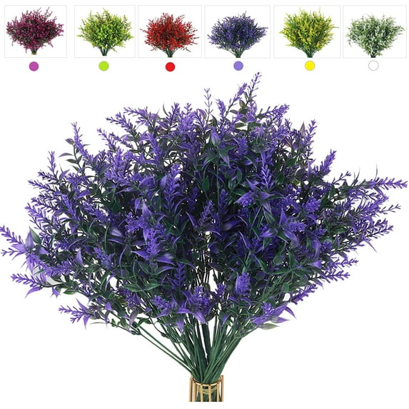 Sinhoon 8 Bundles Artificial Lavender Flowers Outdoor Fake Plants UV Resistant Plants Faux Plastic Plants for Outdoor Indoor Home Window Garden Wedding Porch Box Hanging Plants Decor (Purple)