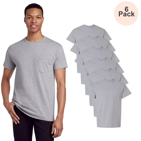 Gildan Men's Cotton Poly Pocket Tee, Short Sleeve Crew Neck Bulk T-Shirt, Sport Grey, 6 Pack, S