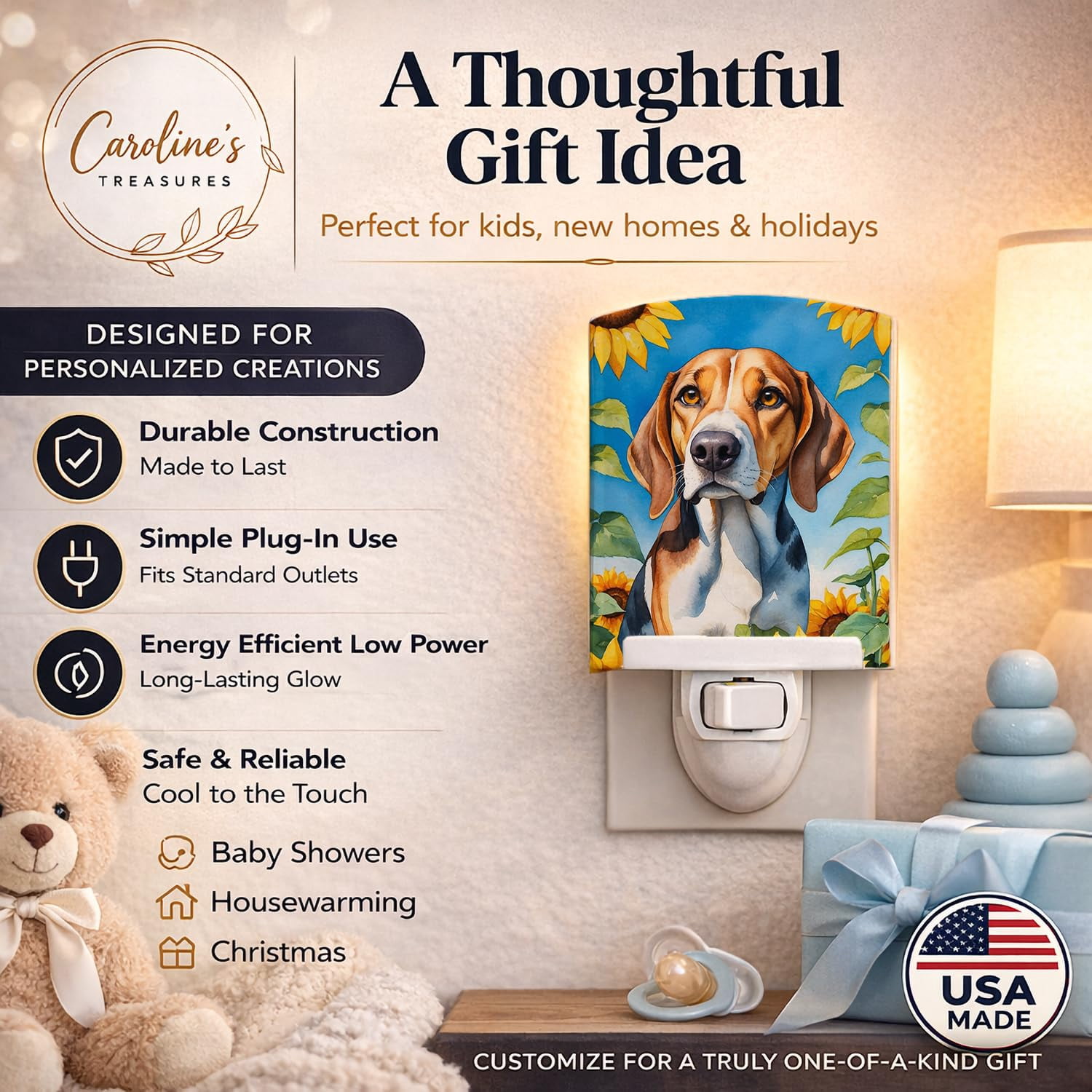 Foxhound in Sunflowers Ceramic Night Light 4 in x 6 in