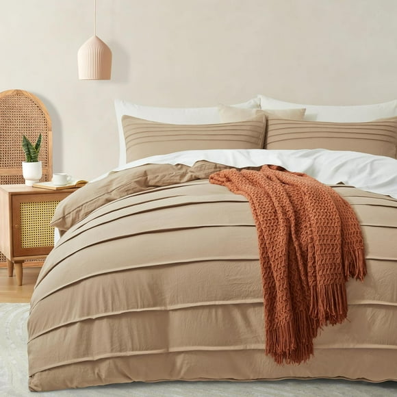 Khaki Duvet Cover Queen Size - Pleated Queen Duvet Cover, 3PCS Soft and Breathable Textured Bedding Set with Zipper Closure(Khaki,90"x90")
