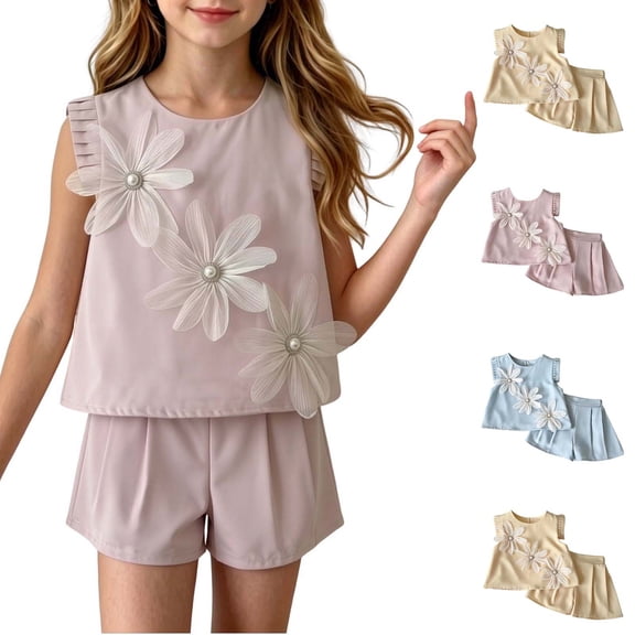 Pretxorve Toddler Girls Set Solid Sleeveless Crew Neck Tank Top Stereo Floral Ruched Shorts Outfits Sizes 0-4Y