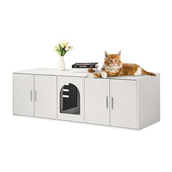 VEVOR Cat Litter Box Enclosure for 2 Cats, Litter Box Furniture Hidden with Double Rooms, Wooden Cat Box Cabinet Fit Most of Litter Box, 57.9"L x 18.3"W x 17.9"H, White