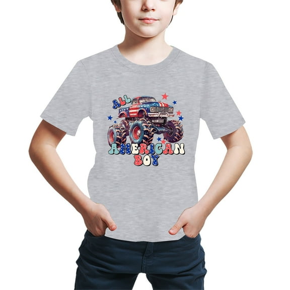 Splozh 4th of July Clothes for Toddler Boys Graphic Tees Boys Short Sleeve T Shirt Independence Day Truck Print Summer New Casual Crewneck Summer Tops Grey,6-7 Years