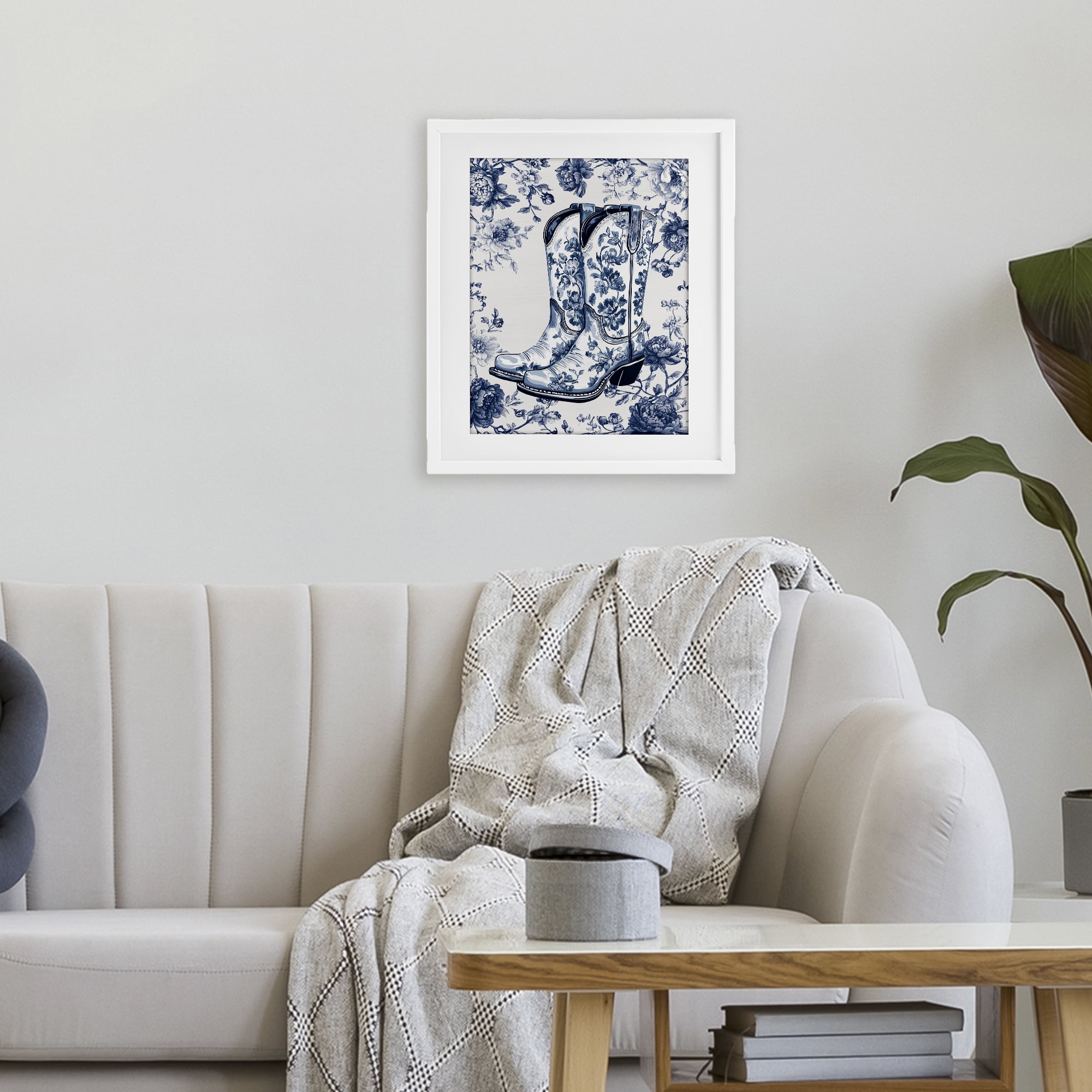 Blue Spring Florals & Boots White Framed Print Under Glass, design by Lettered and Lined