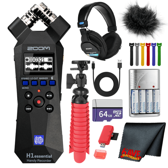 Zoom H1essential 2-Track 32-Bit Float Portable Audio Recorder Bundle with Windscreen for H1E Flexible Tripod Professional Stereo Headphones 64GB Memory Card 4xAA Battery with Charger More