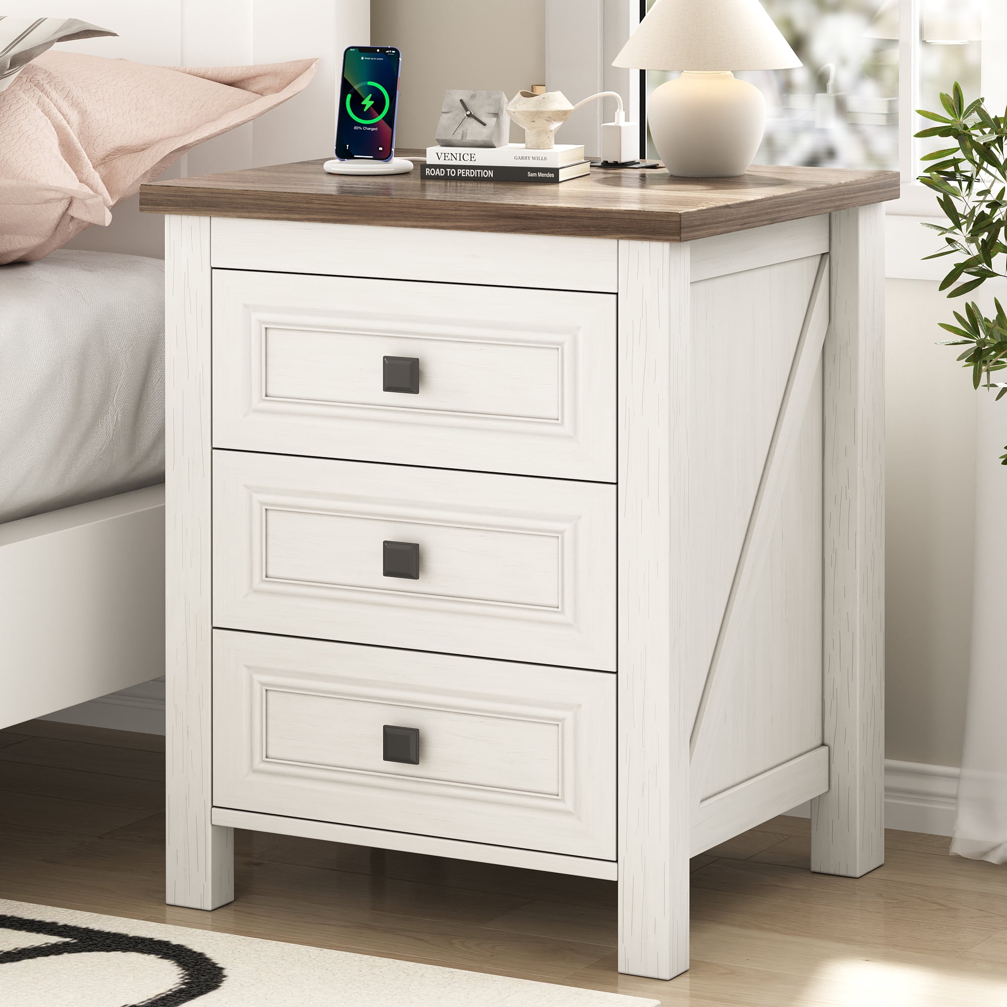 IDEALSOUL Nightstand, Bedside Table with Charging Station, White Farmhouse 3 Drawer Nightstand Rustic Night Stand End Tables for Bedroom Living Room