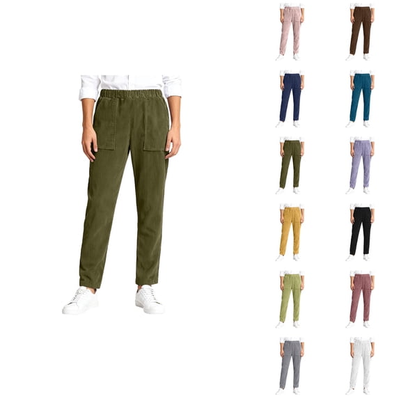 Corduroy Pants Women Fall Winter Comfortable Elastic Waist Straight Leg Work Pants with Pockets Lounge Trousers