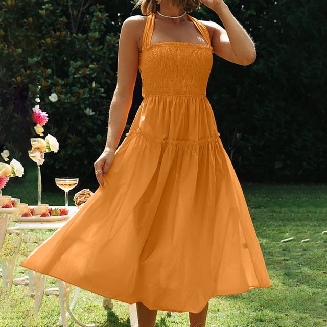 Lenago Robe Sans Manches Grande Taille pour Femmes Été Décontractée Plage Col Halter Sans Manches Robe Unie Été Plage Robes en Solde